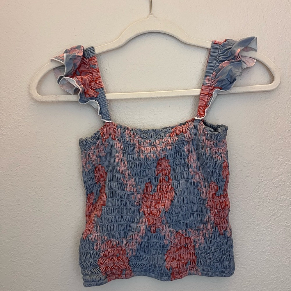 Chic Ruffled Blue and Pink Crop Top